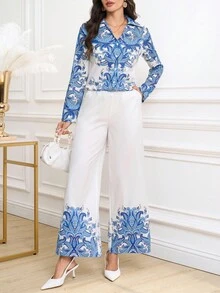 Ellevyn Women's Floral Print Shirt And Pants Two Pieces Set, Elegant And Graceful - Blue and White - View 2