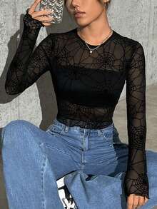 SHEIN EZwear 时尚性感蜘蛛网植绒网眼透视短款女式上衣 - 黑色 - 查看 3