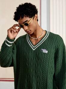 SWAVVY Men's Standard V-Neck Cable Knit Long Sleeve Sweater , Fall Winter - Dark Green - View 5