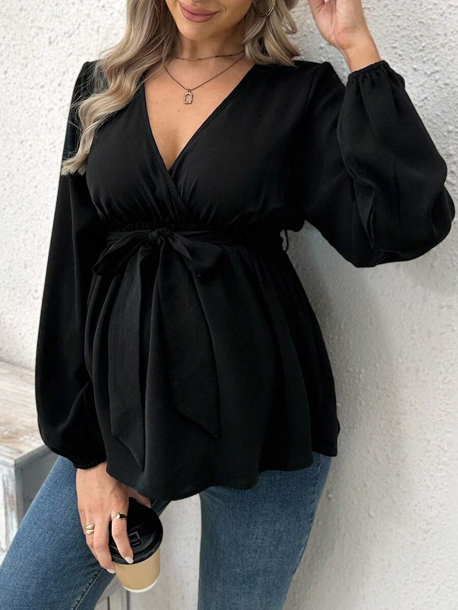 SHEIN Maternity Solid Color Lantern Sleeve Belted V-Neck Elegant Blouse - Black - View 1