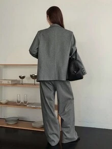 Dazy-Less 女士宽松商务休闲格子西装套装，深色底色优雅办公室通勤西装外套和直筒裤，秋冬 - 灰色 - 查看 3