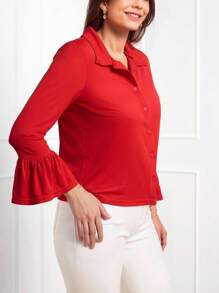 Miaspire Women's Casual Minimalist Solid Color Flared Cuff Button Front T-Shirt - Red - View 4