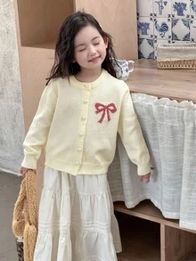 DAZY Young Girls Korean Style Fresh & Cute Bow Contrast Color Long Sleeve Cardigan, Autumn/Winter - Apricot - View 1