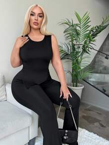SHEIN SXY Women's Sexy Black Sleeveless Mock Neck Waist Pleated Asymmetric Hem Crop Top And Tight Pants 2 Pieces Set, Spring/Summer,Office Outfits For Women,Summer