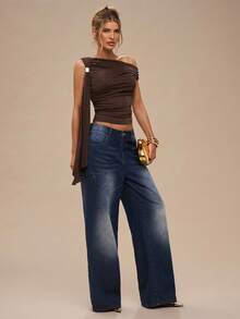 SHEIN BAE 纯色不对称肩部金属扣系带修身女式上衣，适合日常穿着、约会、郊游、聚会、派对，优雅的女士分层单品，适合鸡尾酒会、浪漫约会、秋冬针织汗衫 - 棕色 - 查看 1