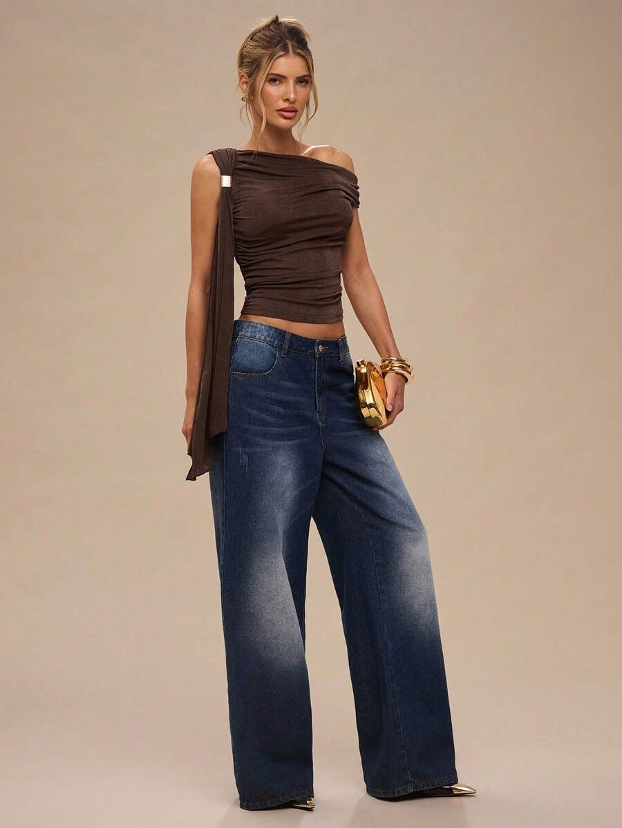 SHEIN BAE 纯色不对称肩部金属扣系带修身女式上衣，适合日常穿着、约会、郊游、聚会、派对，优雅的女士分层单品，适合鸡尾酒会、浪漫约会、秋冬针织汗衫 - 棕色 - 查看 1