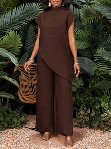 SHEIN Lady 女式纯色简约短袖上衣和裤子两件套 - 棕色 - 查看 6