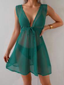 Swim Lushoire 女士夏季飘逸优雅浪漫宽松海滩夏日度假罩衫娃娃裙绿色连衣裙，适合外出 - 水鴨藍 - 查看 1