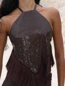 MUSERA Halterneck Chainmail Fringed Top Night Out Occasion Birthday Elegant Fall Autumn Rapture Elegant Holidays Party Spring Summer - Chocolate Brown - View 6