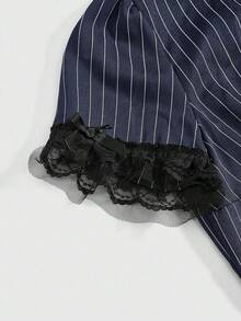 ROMWE Grunge Punk Áo cánh tay ngắn phối ren họa tiết sọc ôm eo cỡ lớn dành cho nữ - Màu xanh hải quân - Xem 3