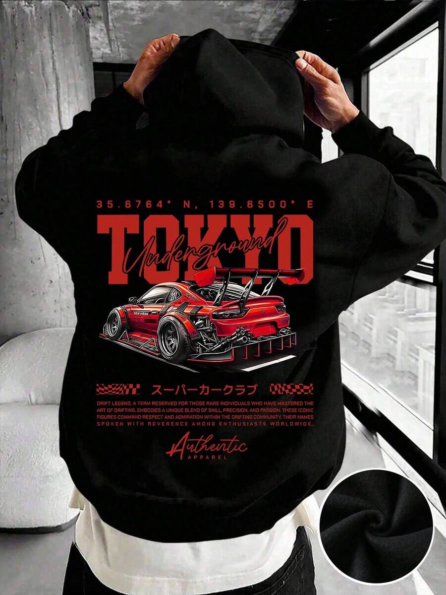 SHEIN Bolty Teen Boy Casual Minimalist Y2K Retro Car Graphic Sweatshirt, Hip Hop & Streetwear Style, Suitable For Autumn - Black - View 1