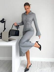 Siren Gaze 秋季新款通勤衬衫裙女装灰色系列连衣裙复古高端风 - 灰色 - 查看 1