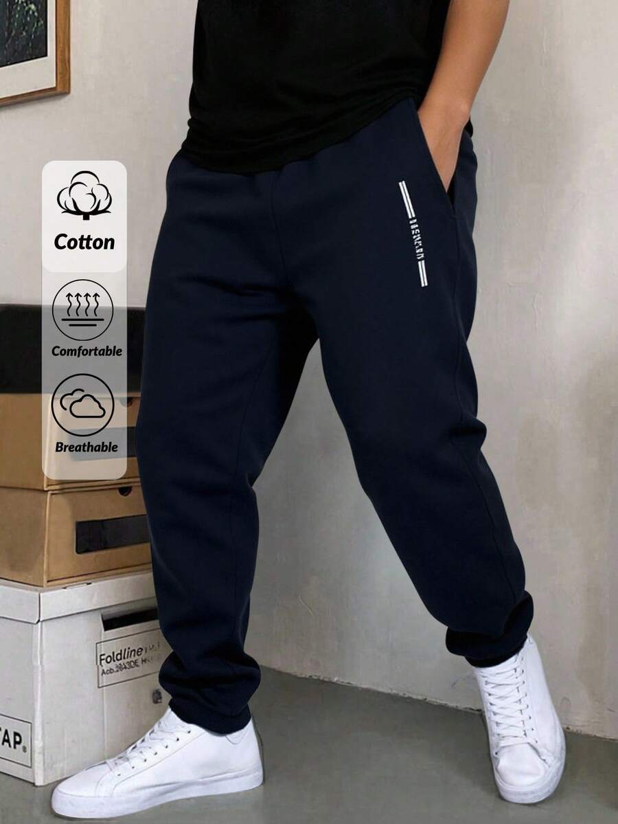 SHEIN Cottnline 男士字母印花松紧抽绳腰部常规款运动裤 - 藏蓝色 - 查看 1