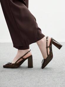 CUCCOO BIZCHIC Women's Square Toe Chunky Heel Brown PU Leather Pumps, Fashionable Minimalist Comfortable For Daily Wear And Occasions For Christmas - Brown - View 4