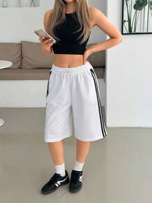EURMUSE 女式侧条纹宽松休闲百慕大短裤 - 白色 - 查看 4