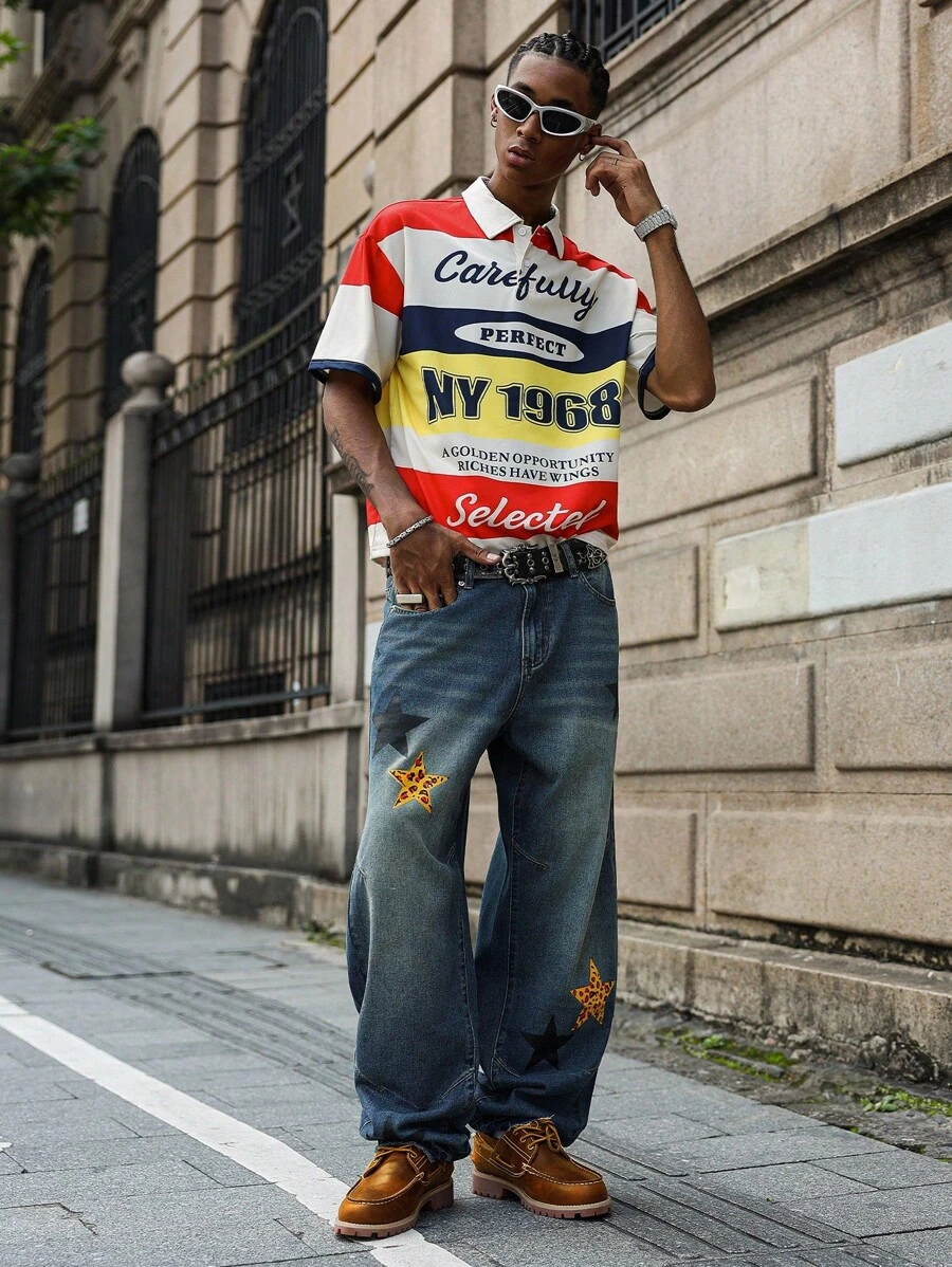 PAVTROS Manfinity Streetrush Men's Leopard Print & Star Pattern Pocket Loose Fit Jeans, All Season, Streetwear - Blue - View 1