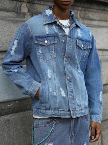 PAVTROS Chaqueta vaquera casual desgastada y desteñida para hombres - Azul - Ver 5