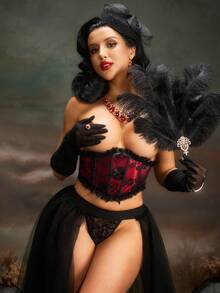 PinupPomp Corset Halloween Gothic Lolita Cổ Điển Thanh Lịch Lãng Mạn Trưởng Thành Quyến Rũ Satin Ren Hoa Màu Đỏ Burgundy Đen Cho Nữ - Đỏ - Xem 6