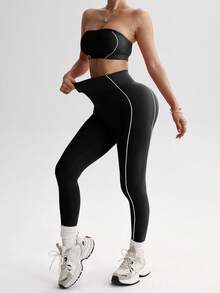 Slayform Conjunto deportivo sin costuras de mujer con rayas rosas, top corto y mallas