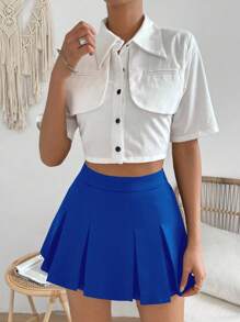Chiquease Falda sólida de color liso en estilo preppy casual para mujer - Azul Marino - Ver 5
