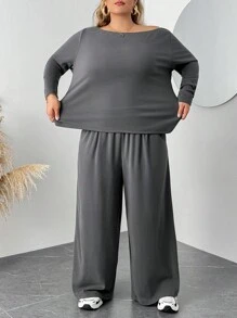 SHEIN CURVE+ 2 Stück/Set Damen Große Größen Grau Langarm T-Shirt und Hose Strick Slim Fit Anzug/Herbst/Winter - Dunkelgrau - Übersicht 6