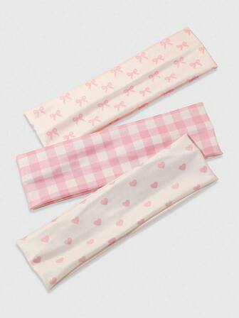 Kawaii 3pcs Collegiate Striped, Heart & Bow Print Women Sports Headbands, Casual Versatile For Daily Life, Street Dance, Travel Decoration Accessories