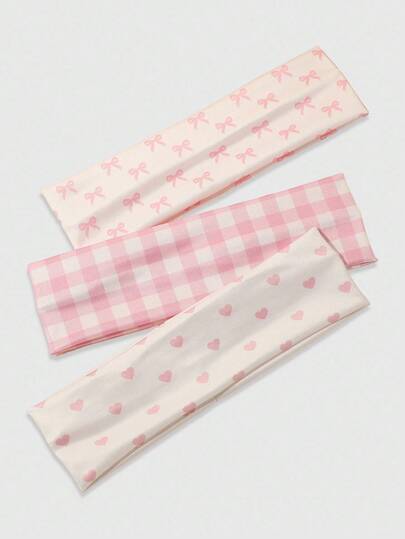 Kawaii 3pcs Collegiate Striped, Heart & Bow Print Women Sports Headbands, Casual Versatile For Daily Life, Street Dance, Travel Decoration Accessories