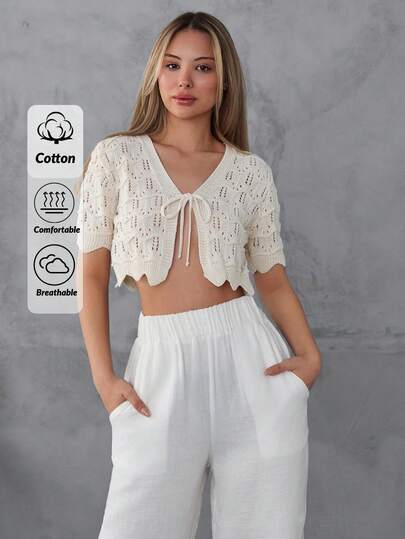 EURMUSE Casual V Neck Hollow Out Crochet Frill Ruffle Hem And Sleeve Cute Knitted Cover Up Cardigan