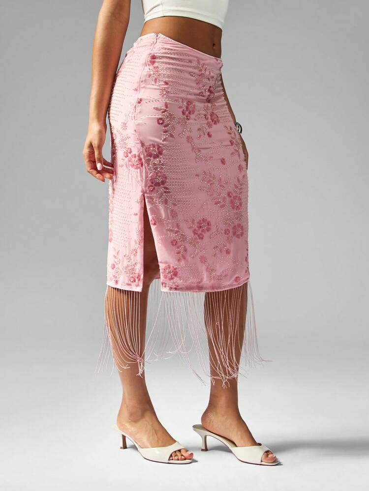 MISSGUIDED Floral Embroidered Pencil Skirt With Fringe Hem Mid Length Elegant Wedding Guest Occasion Party Evening Summer Spring Fashion