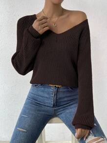 SHEIN LUNE Sweater Kasual Wanita Warna Polos Lengan Raglan untuk Musim Gugur dan Musim Dingin - Coffee Brown - View 3
