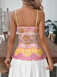 SHEIN Tall Damska koszulka na ramiączkach z falbanką i nadrukiem kwiatowym w stylu ombre na wakacje - Wielokolorowe - Zobacz 2