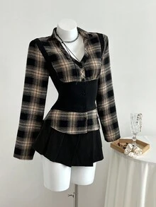 Elamini Women's Autumn/Winter Fashion Plaid Patchwork Contrast Color Waist Shirt Collar Long Sleeve Blouse Fall Cloth For Women - Multicolor - View 4