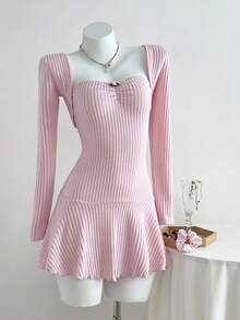 2pcs Women's Autumn/Winter Fashion Outerwear Soft Brushed Ribbed Fabric Long Sleeve Top And Ruched Waist Mini Dress Set, Suitable For Outing And Party Fall Cloth For Women - Pink - View 7