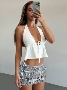 Aloruh 音乐节年轻街头服饰百搭粉色亮片低腰迷你女短裤 - 銀色 - 查看 7