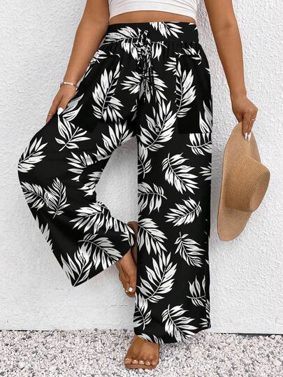 SHEIN Frenchy Plus Size Women's Music Festival Holiday Style Gradient Vacation Tropical Plant Pattern Summer High Waist Tie Loose Casual Pants