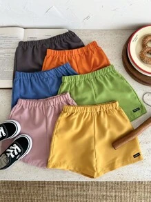 SHEIN Conjunto de 6 pantalones cortos casuales con cintura elástica y adornos para bebés niños y niñas