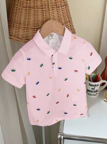 SHEIN 1 件年轻男孩休闲学院皇冠印花短袖 Polo 衫，舒适百搭，适合户外玩耍和上学，春夏季 - 粉色 - 查看 6