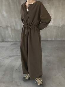 FRIFUL Bộ jumpsuit nữ màu nâu trơn, cổ tròn, cài cúc ở eo, ống thẳng, dáng rộng, thoải mái, thích hợp cho du lịch sân bay, mùa thu. - Cà phê nâu - Xem 5