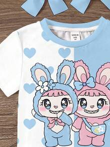 SHEIN Blanco crema y azul fresco, gráfico de animal lindo con lazo en forma de corazón, inspirado en Animal Crossing, estilo kawaii, camiseta de manga corta y cuello redondo minimalista casual para niña joven, adecuada para el verano, con vibra de ropa urbana, estilo deportivo casual de campus, picnic al aire libre, salidas, fotografía callejera, hogar, campus - Multicolor - Ver 4