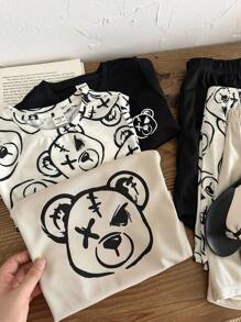 SHEIN 6 Stücke Set mit süßem Cartoon-Bären-Print, Rundhalsausschnitt, kurzärmeligem T-Shirt und Shorts mit elastischer Taille für junge Kleine Jungen - Verschiedenfarbig - Übersicht 7