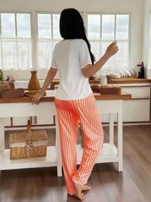 SHEIN 不对称设计女式睡衣套装，采用针织面料和鲜艳的橙色条纹 条纹睡裤 女式碎花睡衣套装 女士夏季睡衣套装 橙色睡衣套装 女士橙色睡衣套装 女士碎花睡衣套装 - 彩色 - 查看 2