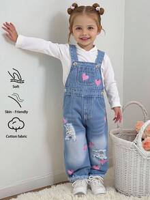 SHEIN Quần yếm denim ống đứng rộng rãi, mềm mại, họa tiết trái tim rách, thoải mái cho bé gái, thời trang mặc hàng ngày, mùa xuân/thu - Rửa trung bình - Xem 1
