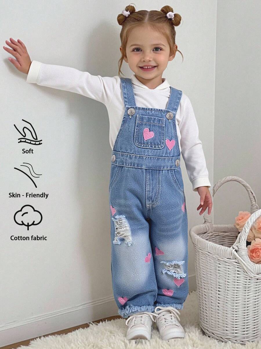 SHEIN Quần yếm denim ống đứng rộng rãi, mềm mại, họa tiết trái tim rách, thoải mái cho bé gái, thời trang mặc hàng ngày, mùa xuân/thu - Rửa trung bình - Xem 1