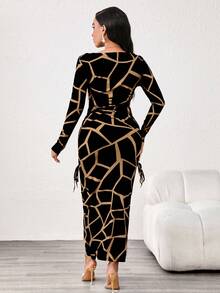 SHEIN Lady 豹纹修身长袖船领女装优雅精致女士连衣裙 - 彩色 - 查看 2