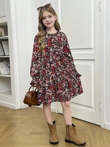 SHEIN Tween 女童碎花印花荷叶袖荷叶边下摆连衣裙 - 黑色 - 查看 10