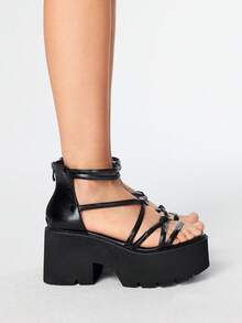 Sugerpunk 女式黑色复古罗马坡跟凉鞋，哥特式交叉踝带厚底粗跟鞋 - 黑色 - 查看 4