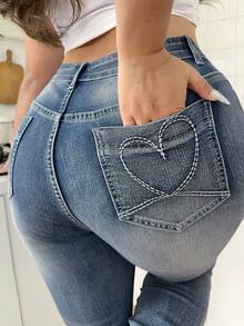 SHEIN MOD 大码蓝色休闲紧身喇叭牛仔裤 - 深色水洗藍 - 查看 6