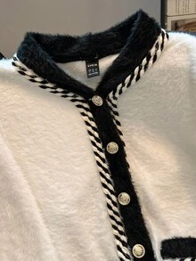 Franclia 女士秋冬撞色外套 白色毛绒 黑白撞色滚边 金属扣装饰 优雅通勤外套 秋季时尚休闲通勤商务办公日常休闲百搭都市教师职业装 - 黑與白 - 查看 3