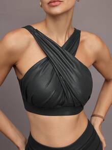 Activina 女士纯色褶皱交叉日常健身运动文胸 - 黑色 - 查看 5