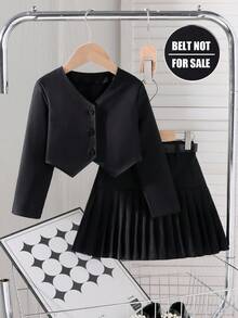 Nowy, elegancki, dwuczęściowy komplet dla dziewcząt w wieku 4-7 lat, bluzka z długim rękawem i dekoltem w serek zapinana na guziki, w połączeniu z modną plisowaną spódnicą, odpowiedni na wiosnę i jesień